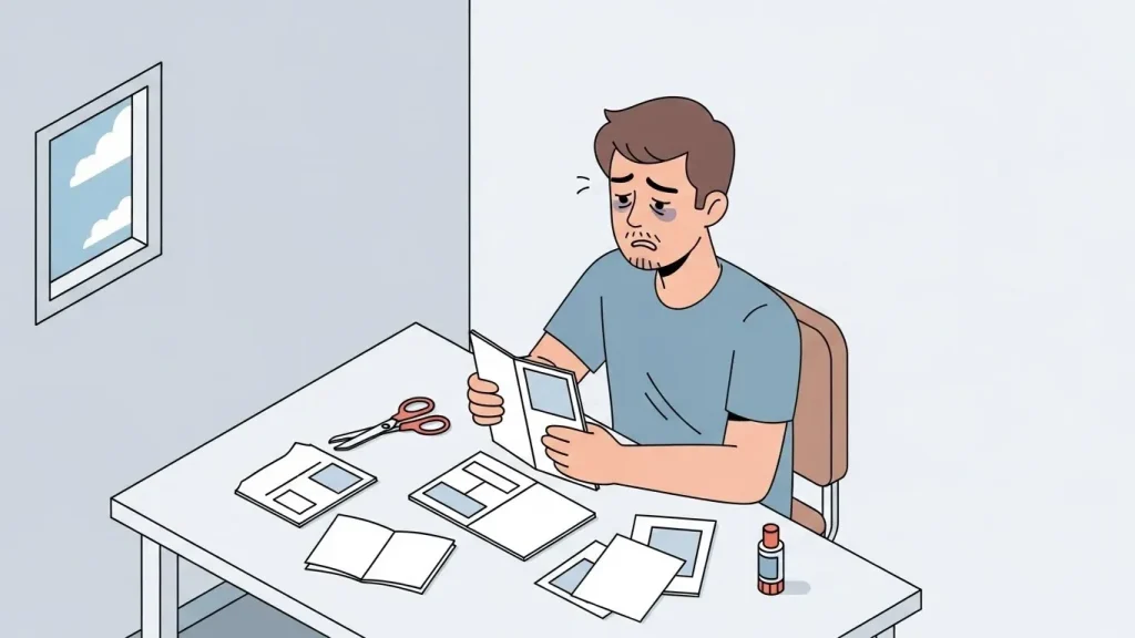 面付け作業をするもうまくいかず疲れた様子の男性のイラスト