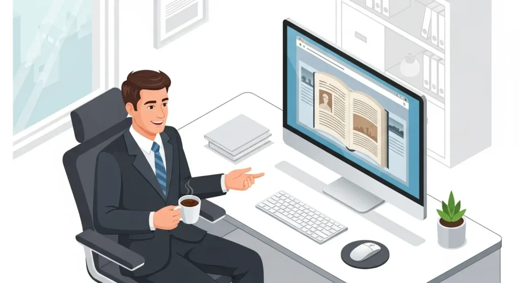 デジタルブックを見て微笑んでいる男性